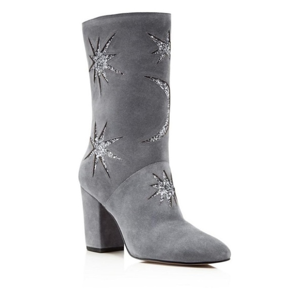 Avec Les Filles Nikita Gray Suede Glitter Star Moon Celestial Mid Calf Boots - Picture 1 of 13